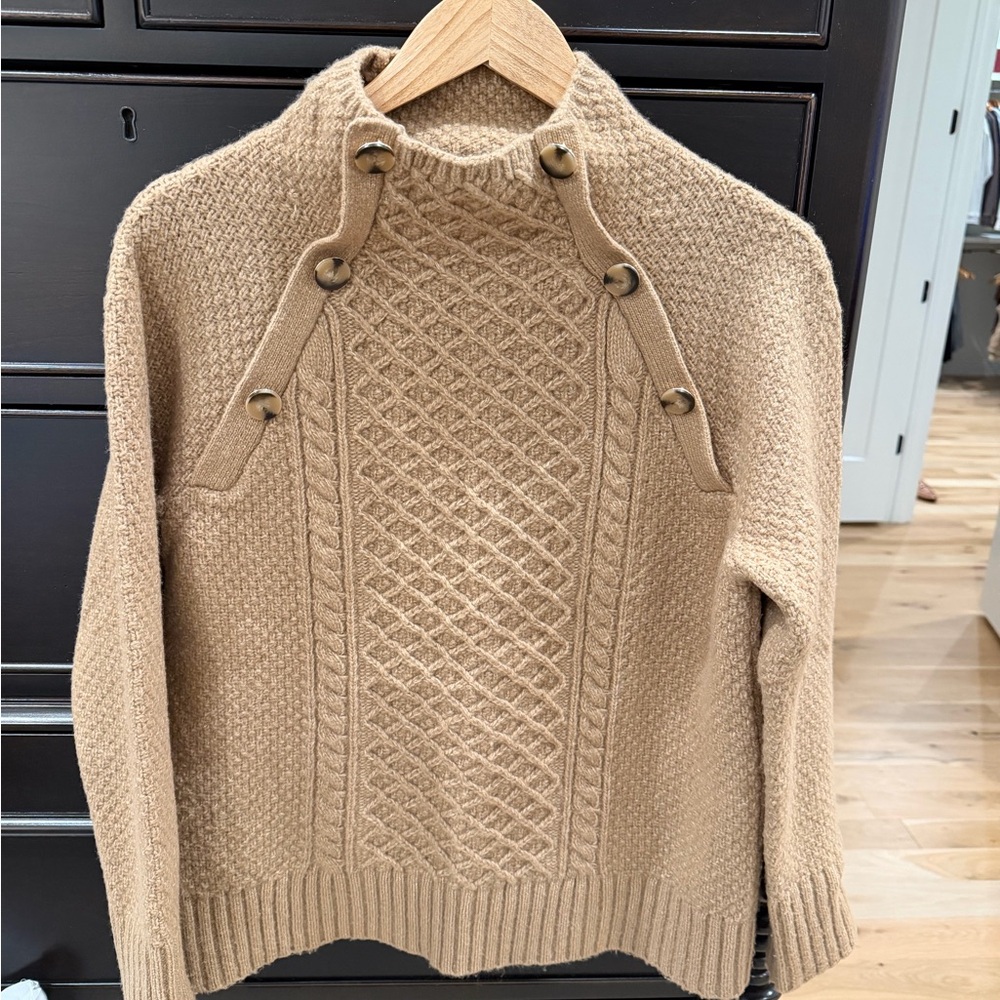 Ann Taylor Women’s Cable Knit Button-Shoulder Sweater in Camel